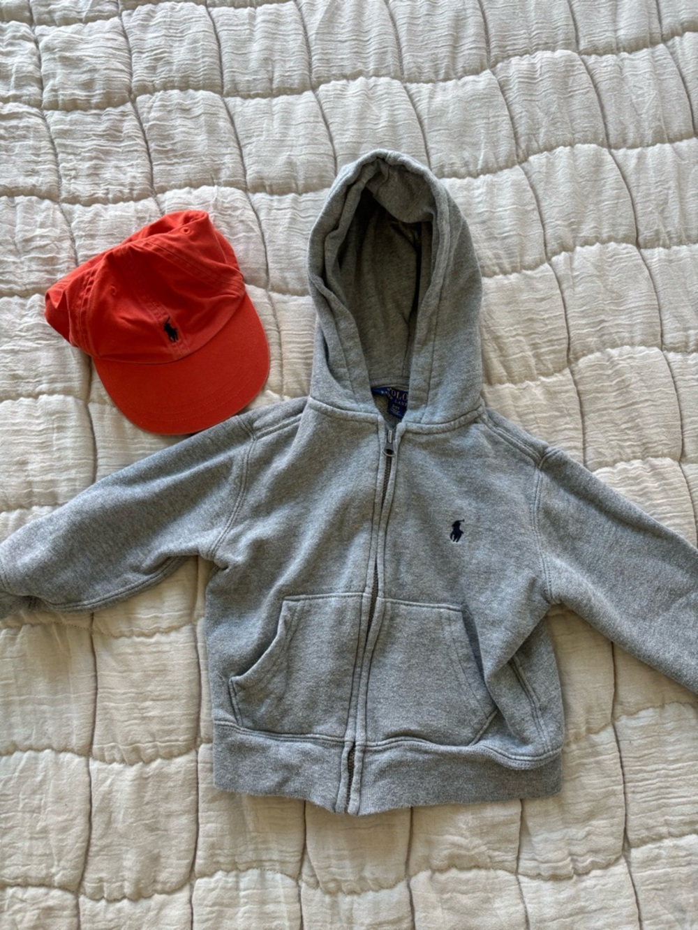 Ralph Lauren Gray Kids Zip-Up Hoodie & Red Baseball Cap Bundle